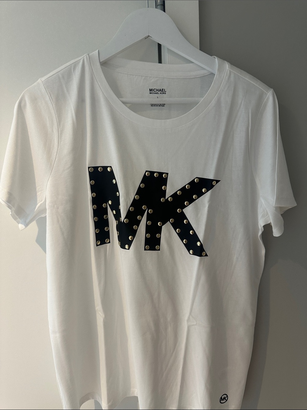 Michael Kors White Tee with Black Studded MK Logo. NWOT